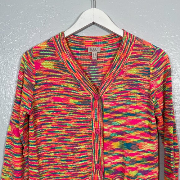 LOGO by Lori Goldstein Women XXS Bright Neon Space Dye Button Front Cardigan - Picture 3 of 8